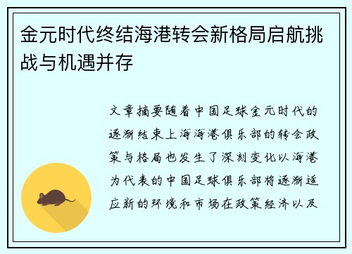 金元时代终结海港转会新格局启航挑战与机遇并存
